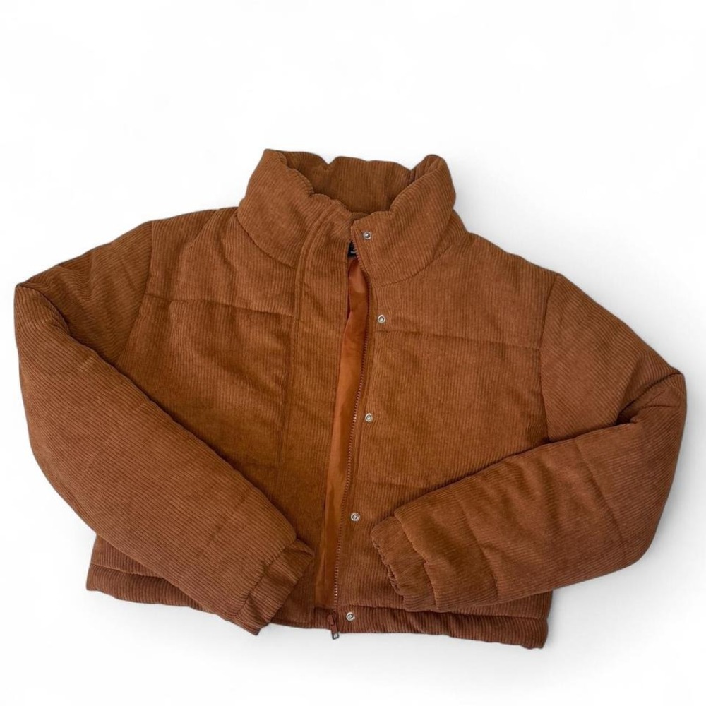 Say What brown cropped corduroy puffer jacket no pockets size large runs small